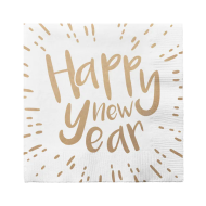 Set de Serviettes en Papier Happy New Year - 33x33cm - Papier - Blanc/Or - 20 pièces - Surmatelas