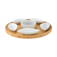 Cosy&Trendy Plateau de Service avec 6 Coupelles - Ø26xH3 cm - Bambou/Grès - Blanc/Brun - 7 Pièces - Marque Cosy & Trendy