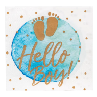 Set Servetten 'Hello boy!' - 33x33cm - Papier - Blauw/Wit/Goud