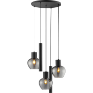Brilliant Ligari Hanglamp 5 Lampen Rond - 68x68x150cm - Metaal/Glas - Zwart - Kleur Zwart - Materiaal Metaal,Glas - Aantal lichtpunten meer dan 3 - Type lamp Lamp niet inbegrepen - Fitting Nvt