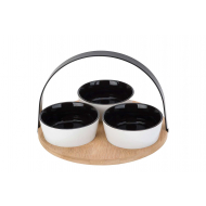 Cosy&Trendy Serveerschalenset - 3 Potjes met Plank - Ø22x14cm - Aardewerk/Bamboe - 4 Delig - Merk Cosy & Trendy - Materiaal Aardewerk,Bamboe - Kleur Wit,Zwart,Hout