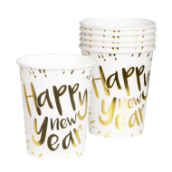 Happy New Year Bekers - 250ml - Papier - Wit/Goud - 6 Stuks