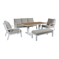 Loungeset Gorizia met Poef en Tafel - Incl. Kussens - Aluminium - Grijs/Wit/Hout - Kleur Wit - Kleur kussens Grijs  - Materiaal Aluminium