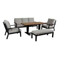 Loungeset Gorizia met Poef en Tafel - Incl. Kussens - Aluminium - Grijs/Zwart/Hout - Materiaal Aluminium - Kleur Zwart - Kleur kussens Grijs 