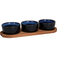 Excellent Houseware 3 Bols sur Pied - Ø8,5cm (bols) - 29x10cm (pied) - Céramique/Bois - Bleu/Marron - Matériel Céramique - Couleur Multicolore