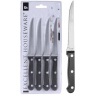 Excellent Houseware Set de 4 Couteaux à Steak  - L21 cm - Acier Inoxydable/Plastique - Argent/Noir