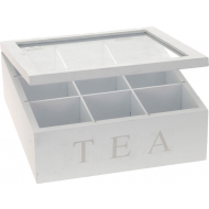 Boîte de Rangement pour Thé - 9 Compartiments - 22x22x9cm - MDF/Bois/Verre - Blanc - Marque Merkloos