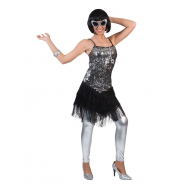 Kostuum Glitterjurk Zilver met Franjes - Maat 32/34 - Maat 32/34 - Geslacht Dames