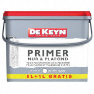 Primer muur & plafond 5 + 1 L gratis - Merk De Keyn - Inhoud 6 l - Verfbasis Watergedragen - Geschikt voor Binnen - Kleur Wit  - Afwasbaar Nee - RAL Kleur RAL 0001 - Glansgraad Mat