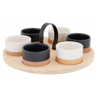 Cosy&Trendy Set Apéritif Plateau de Service + 6 Coupelles - Ø6,5x4cm - Bambou - Couleur Blanc,Noir - Matériel Bambou,Poterie
